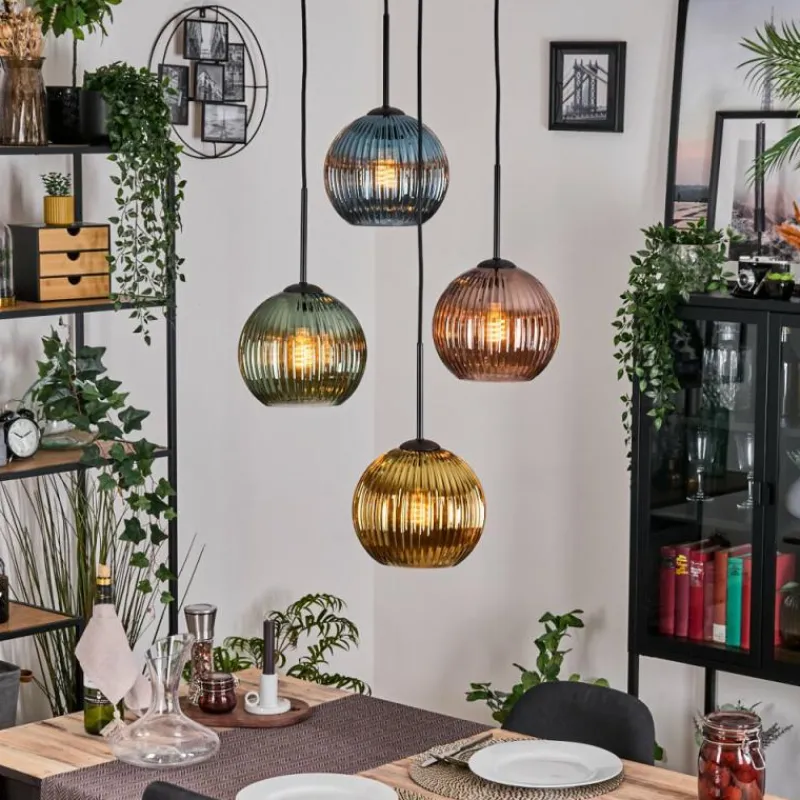 Lampes Dorées-hofstein Koyoto Suspension, Boule lumineuse, Suspension grappe 35 cm Bleu, Or, Vert, Cuivré, 4 lumières