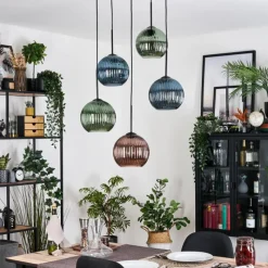 hofstein Koyoto Suspension, Boule lumineuse, Suspension grappe 45 cm Bleu, Vert, Cuivré, 5 lumières