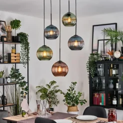 hofstein Koyoto Suspension, Boule lumineuse, Suspension grappe 45 cm Bleu, Vert, Cuivré, 5 lumières