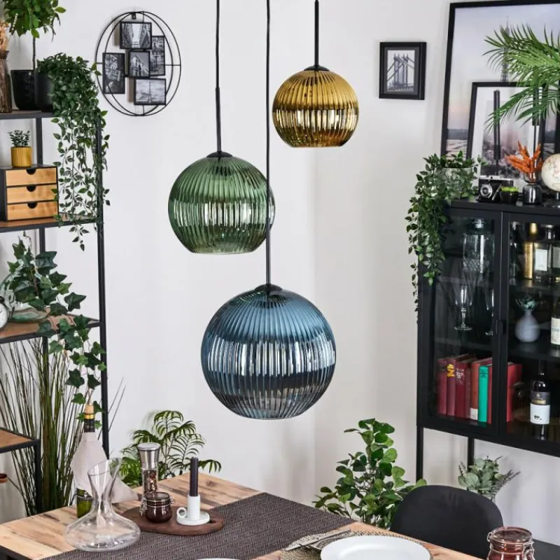 hofstein Koyoto Suspension, Boule lumineuse, Suspension grappe 30 cm Bleu, Or, Vert, 3 lumières