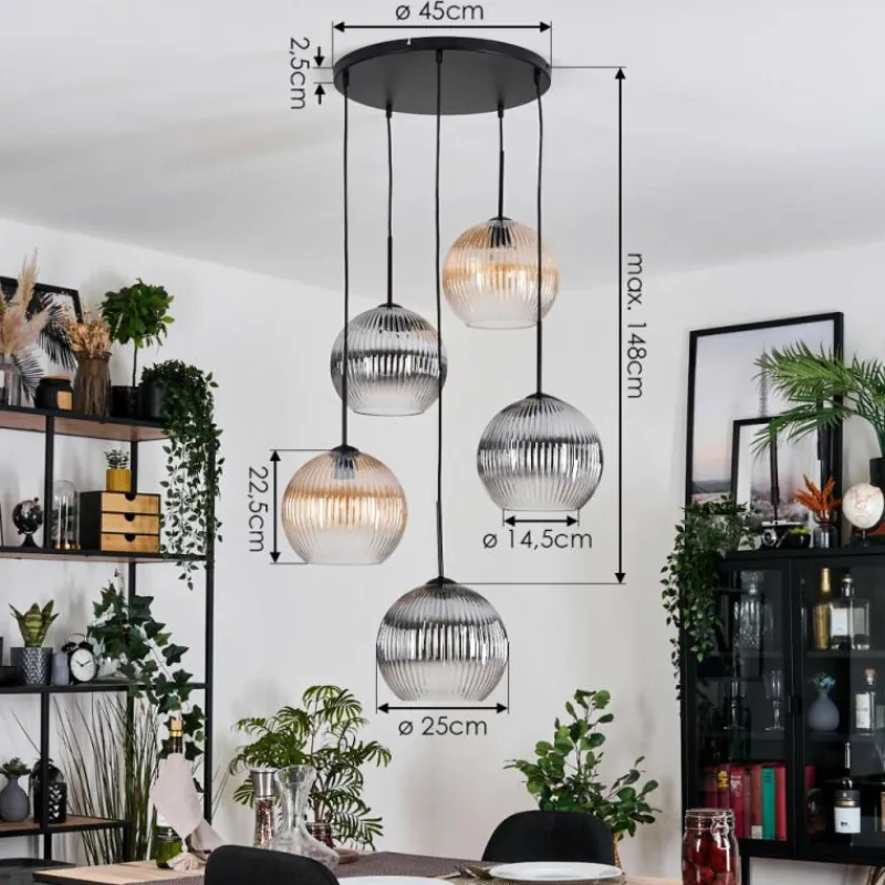 Suspension Verre Fumé-hofstein Koyoto Suspension, Boule lumineuse, Suspension grappe Ambre, Clair, Fumé, 5 lumières