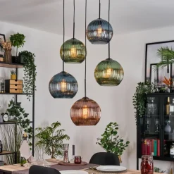 hofstein Koyoto Suspension, Boule lumineuse, Suspension grappe Bleu, Vert, Cuivré, 5 lumières