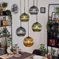 Lampes Dorées-hofstein Koyoto Suspension, Boule lumineuse, Suspension grappe Bleu, Or, Vert, 5 lumières