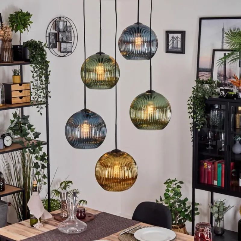 Lampes Dorées-hofstein Koyoto Suspension, Boule lumineuse, Suspension grappe Bleu, Or, Vert, 5 lumières