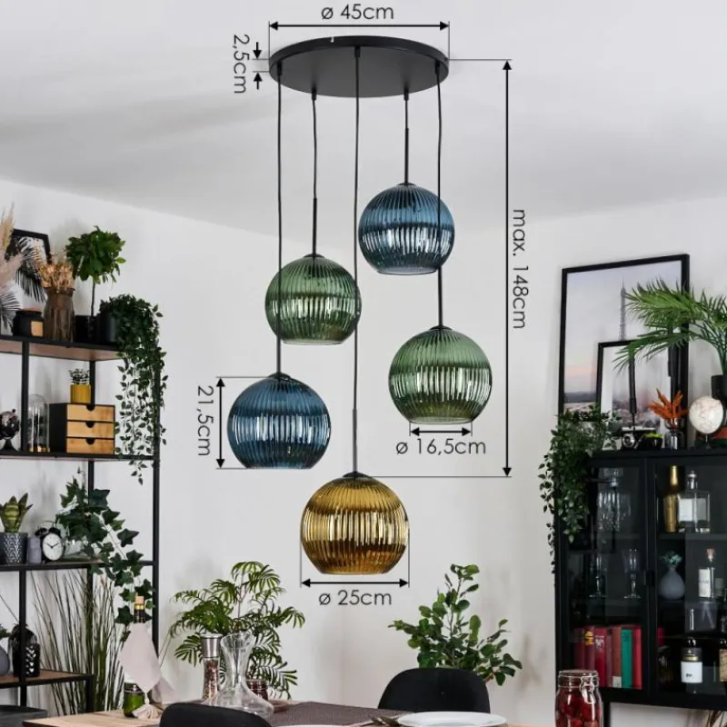 Lampes Dorées-hofstein Koyoto Suspension, Boule lumineuse, Suspension grappe Bleu, Or, Vert, 5 lumières