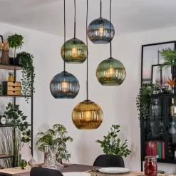 Lampes Dorées-hofstein Koyoto Suspension, Boule lumineuse, Suspension grappe Bleu, Or, Vert, 5 lumières