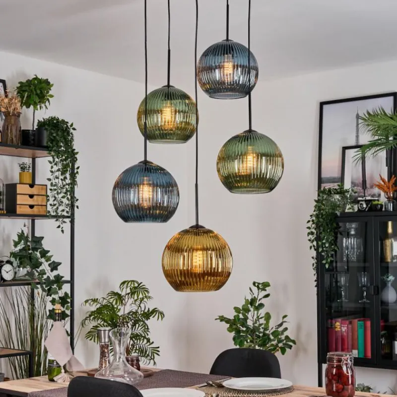 Lampes Dorées-hofstein Koyoto Suspension, Boule lumineuse, Suspension grappe Bleu, Or, Vert, 5 lumières