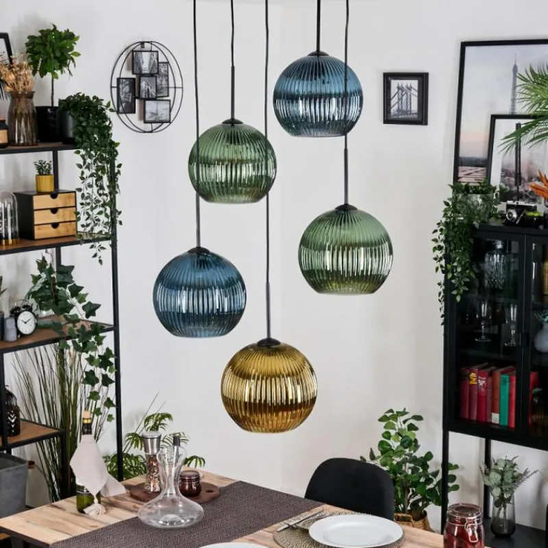Lampes Dorées-hofstein Koyoto Suspension, Boule lumineuse, Suspension grappe Bleu, Or, Vert, 5 lumières