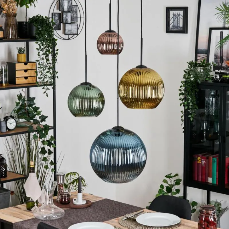 Lampes Dorées-hofstein Koyoto Suspension, Boule lumineuse, Suspension grappe 35 cm Bleu, Or, Vert, Cuivré, 4 lumières