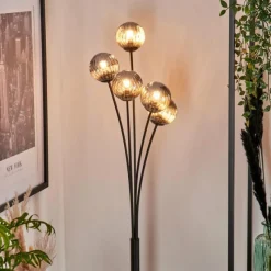 hofstein Lampadaire - Verre 10 cm Bernado Fumé, 5 lumières