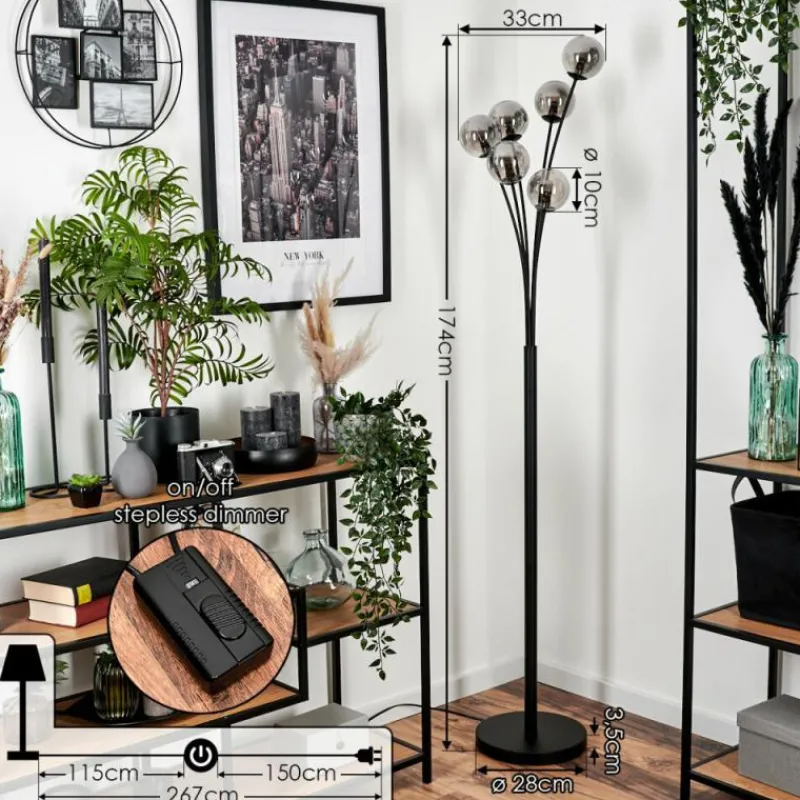 hofstein Lampadaire - Verre 10 cm Bernado Clair, Fumé, 6 lumières