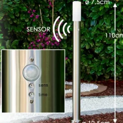 hofstein Lampadaire Caserta Acier inoxydable, 1 lumière, Détecteur de mouvement