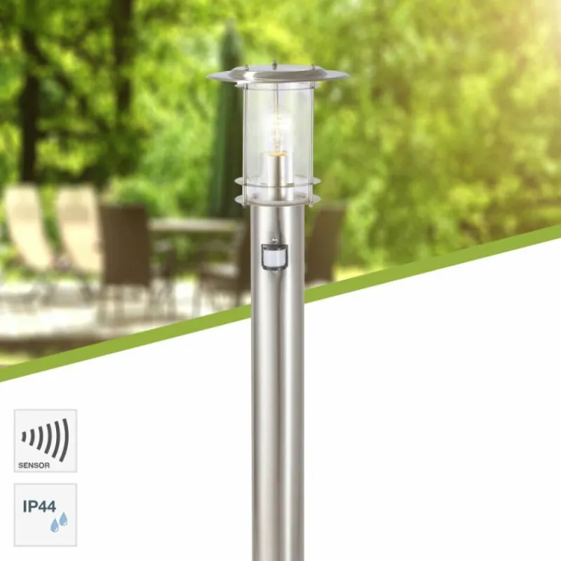 Luminaires Brilliant Lampadaire d'extérieur Brilliant York Acier inoxydable, 1 lumière, Détecteur de mouvement