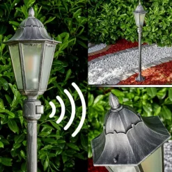 Luminaires Rustiques-hofstein Lampadaire extérieur Lignac Noir, Argenté, 1 lumière, Détecteur de mouvement