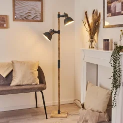 Lampes Industrielles-hofstein Lampadaire Orny Gris, Bois clair, 2 lumières