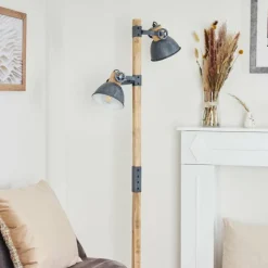 Lampes Industrielles-hofstein Lampadaire Orny Gris, Bois clair, 2 lumières