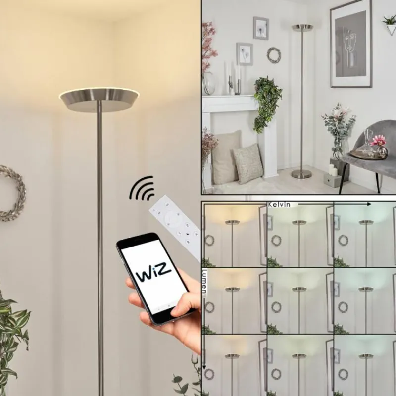 hofstein Lampadaire Theron LED Nickel mat, 1 lumière, Télécommandes