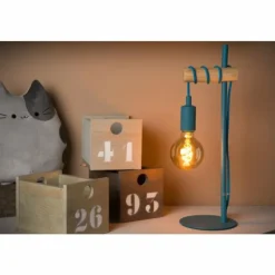 Lampes En Bois-Luminaires Lucide Lampe de table Lucide Pola Bleu, Bois clair, 1 lumière