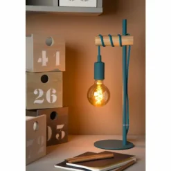 Lampes En Bois-Luminaires Lucide Lampe de table Lucide Pola Bleu, Bois clair, 1 lumière