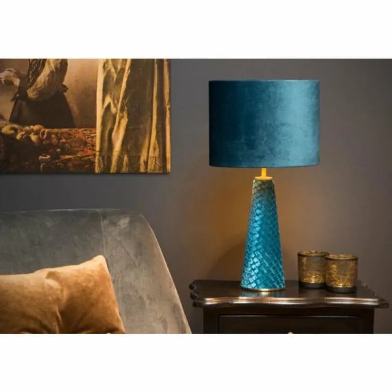 Lampes En Tissu-Luminaires Lucide Lampe de table Lucide VELVET Bleu, Laiton, 1 lumière