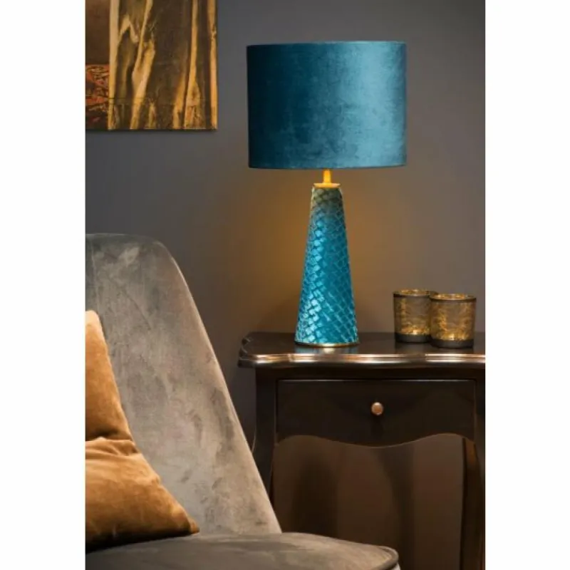 Lampes En Tissu-Luminaires Lucide Lampe de table Lucide VELVET Bleu, Laiton, 1 lumière