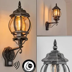 Luminaires Rustiques-hofstein Lentua Lampe murale d´extérieur, Applique murale Noir, Argenté, 1 lumière, Détecteur de mouvement