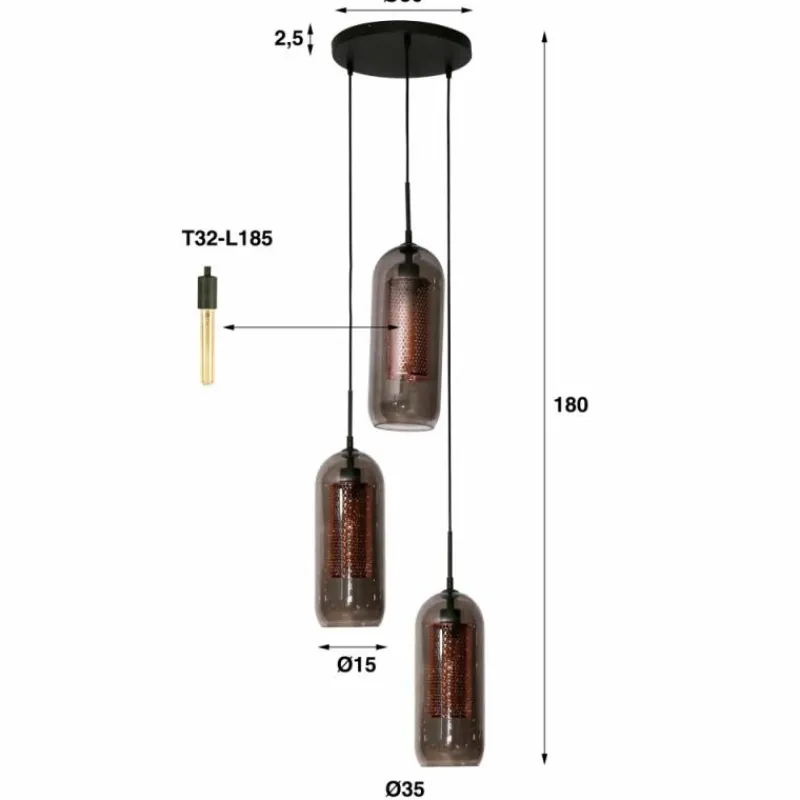Suspension Verre Fumé-hofstein lustre Lalora Noir, 3 lumières