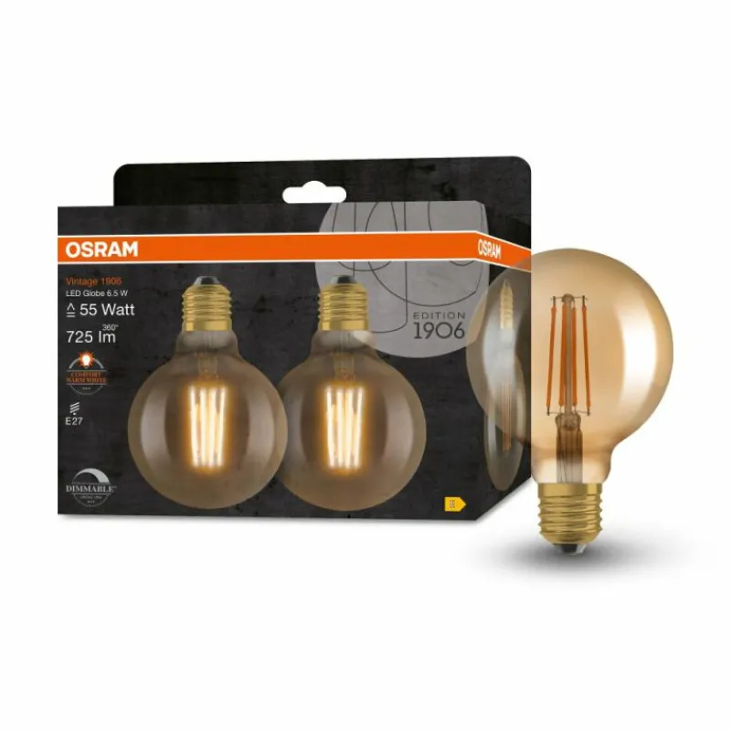 Luminaires Osram OSRAM Vintage 1906 Lot de 2 LED E27 6,5 watt 2400 kelvin 725 lumen