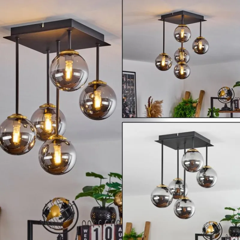 Suspension Verre Fumé-hofstein Plafonnier Chehalis Laiton, Noir, 5 lumières