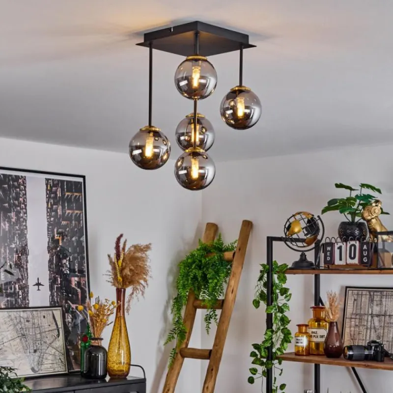 Suspension Verre Fumé-hofstein Plafonnier Chehalis Laiton, Noir, 5 lumières