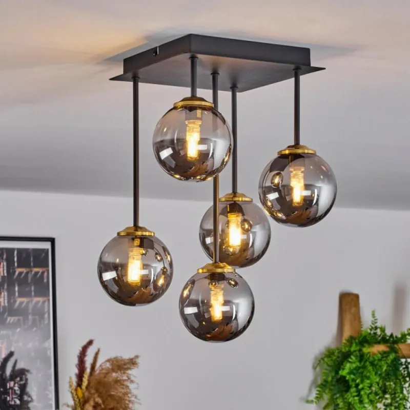 Suspension Verre Fumé-hofstein Plafonnier Chehalis Laiton, Noir, 5 lumières