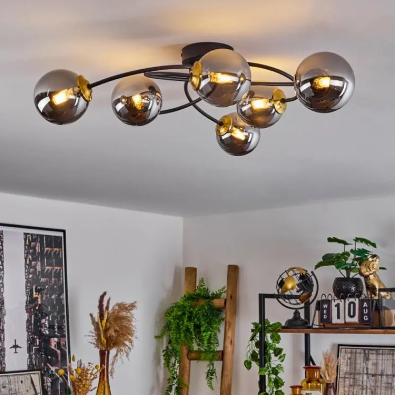 Suspension Verre Fumé-hofstein Plafonnier Chehalis Laiton, Noir, 6 lumières