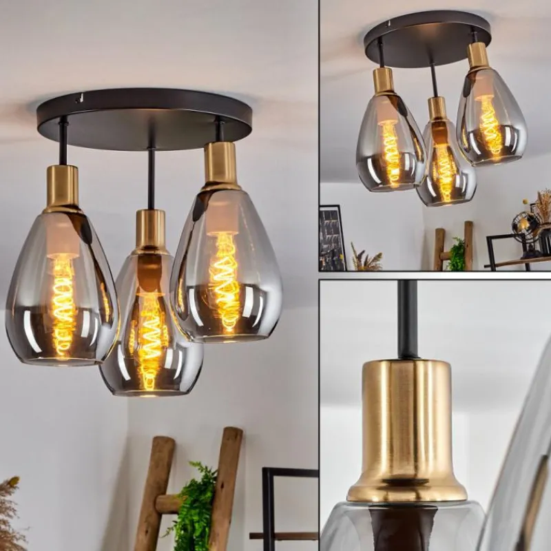 Suspension Verre Fumé-hofstein Plafonnier Lincura Laiton, Noir, 3 lumières