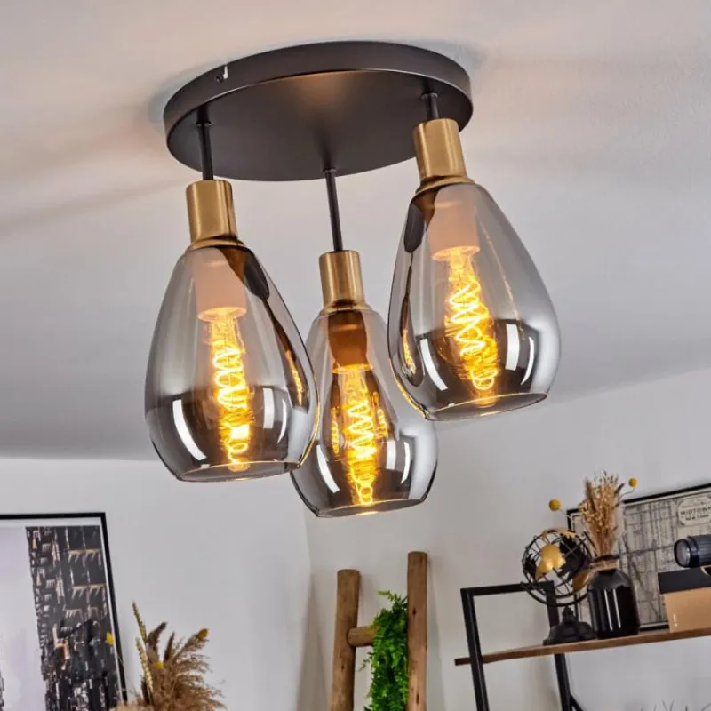 Suspension Verre Fumé-hofstein Plafonnier Lincura Laiton, Noir, 3 lumières