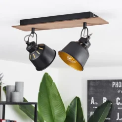 Lampes Dorées-hofstein Plafonnier Safari Chrome, Bois foncé, Noir, 2 lumières