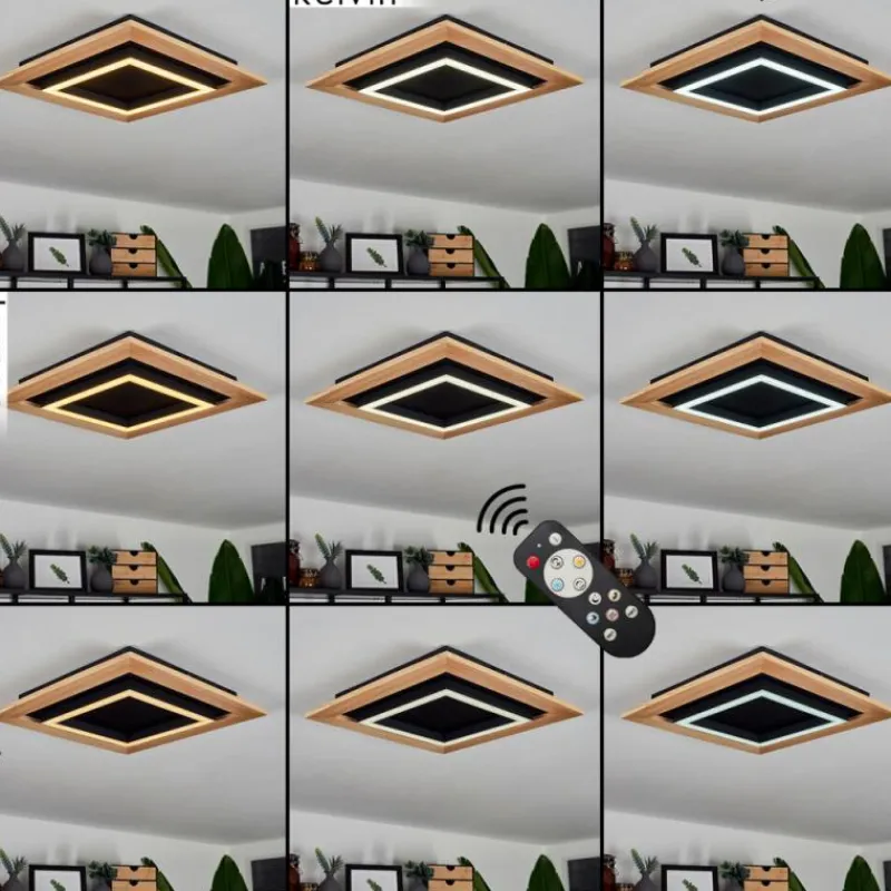 hofstein Plafonnier Tojeirinha LED Bois clair, Noir, 1 lumière, Télécommandes