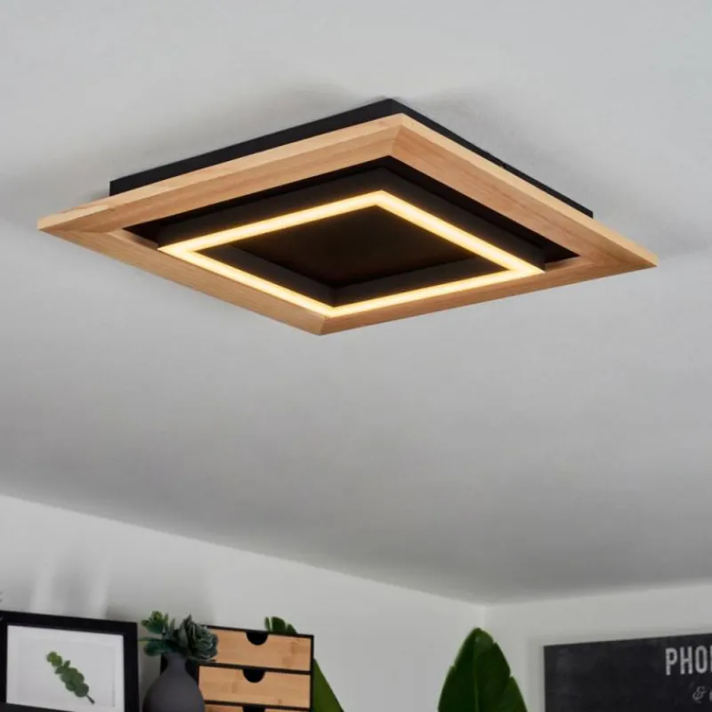 hofstein Plafonnier Tojeirinha LED Bois clair, Noir, 1 lumière, Télécommandes