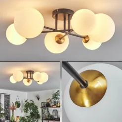 hofstein Plafonnier - Verre 12 cm, 15 cm Chehalis Or, Noir, 6 lumières