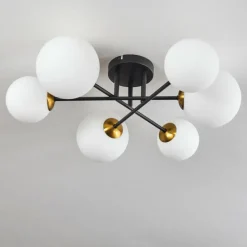 hofstein Plafonnier - Verre 12 cm, 15 cm Chehalis Or, Noir, 6 lumières