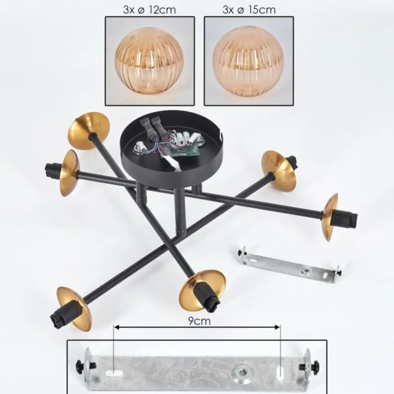 Lampes Dorées-hofstein Plafonnier - Verre 12 cm, 15 cm Chehalis Or, Noir, 6 lumières