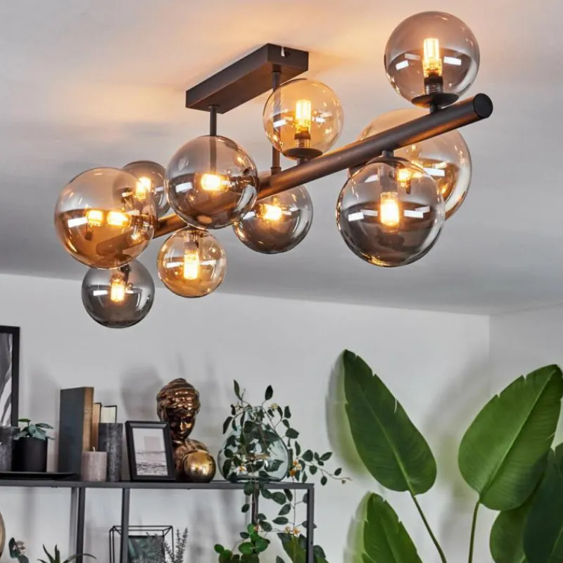 hofstein Plafonnier - Verre 10 cm, 12 cm, 15 cm Chehalis Ambre, Fumé, 10 lumières