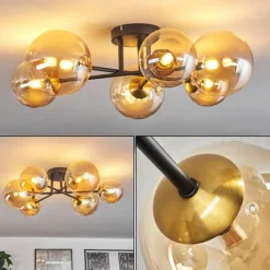 hofstein Plafonnier - Verre 12 cm, 15 cm Chehalis Or, Noir, 6 lumières