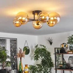 hofstein Plafonnier - Verre 12 cm, 15 cm Chehalis Or, Noir, 6 lumières