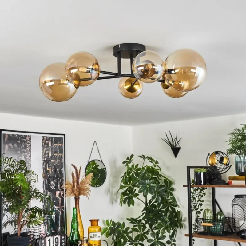 hofstein Plafonnier - Verre 10 cm, 12 cm, 15 cm Chehalis Or, Noir, 6 lumières