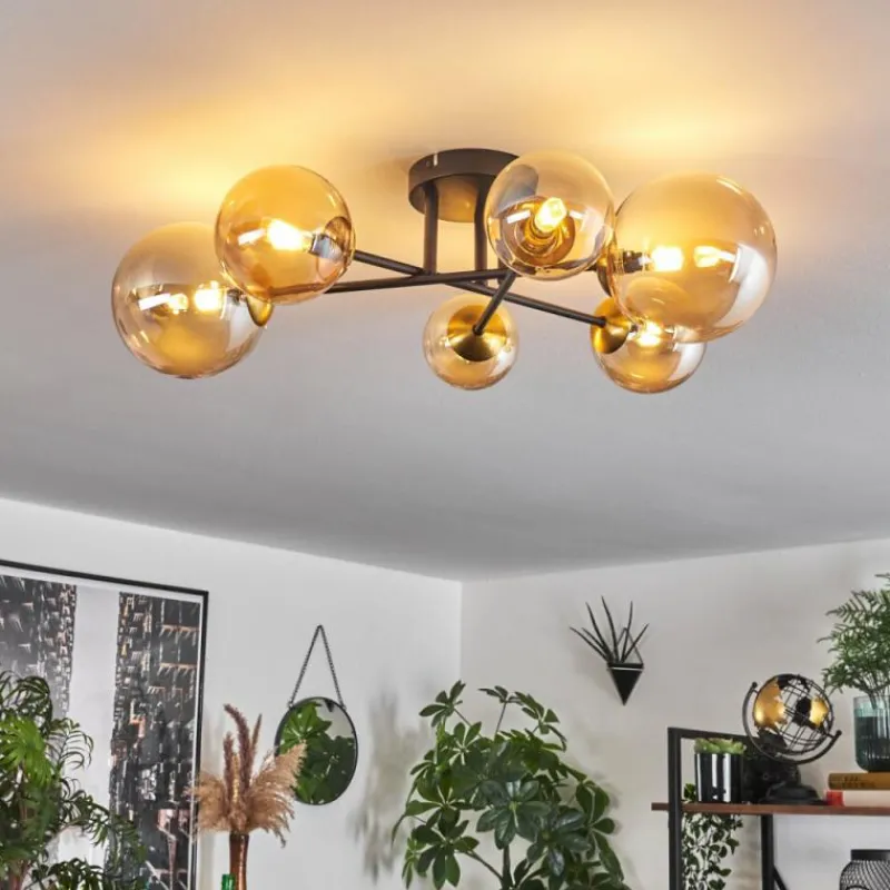 hofstein Plafonnier - Verre 10 cm, 12 cm, 15 cm Chehalis Or, Noir, 6 lumières