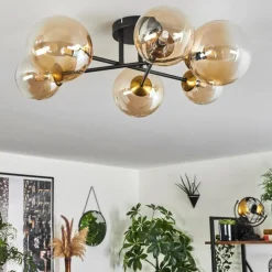 hofstein Plafonnier - Verre 12 cm, 15 cm Chehalis Or, Noir, 6 lumières