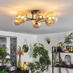 hofstein Plafonnier - Verre 12 cm, 15 cm Chehalis Or, Noir, 6 lumières