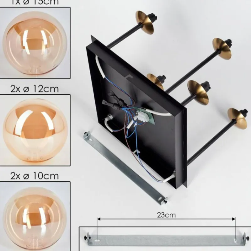 hofstein Plafonnier - Verre 10 cm, 12 cm, 15 cm Chehalis Or, Noir, 5 lumières