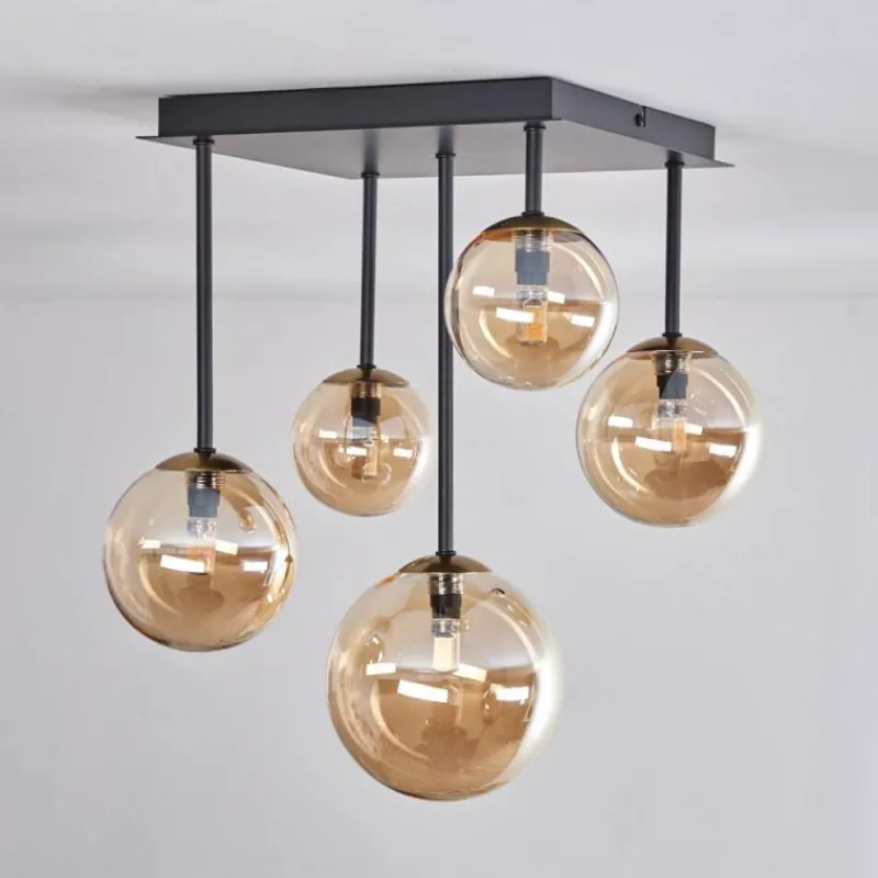 hofstein Plafonnier - Verre 10 cm, 12 cm, 15 cm Chehalis Or, Noir, 5 lumières