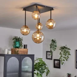 hofstein Plafonnier - Verre 10 cm, 12 cm, 15 cm Chehalis Or, Noir, 5 lumières